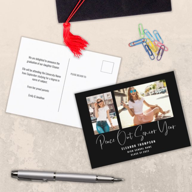 Peace Out 2 Photo Script 2022 Graduation Black Announcement Postcard (Creator Uploaded)