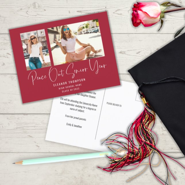Peace Out 2 Photo Script 2022 Graduation Red Announcement Postcard (Creator Uploaded)
