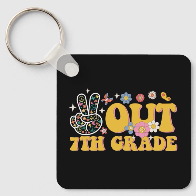 Peace Out 7th Grade Groovy Last Day Of School Keychain (Front)