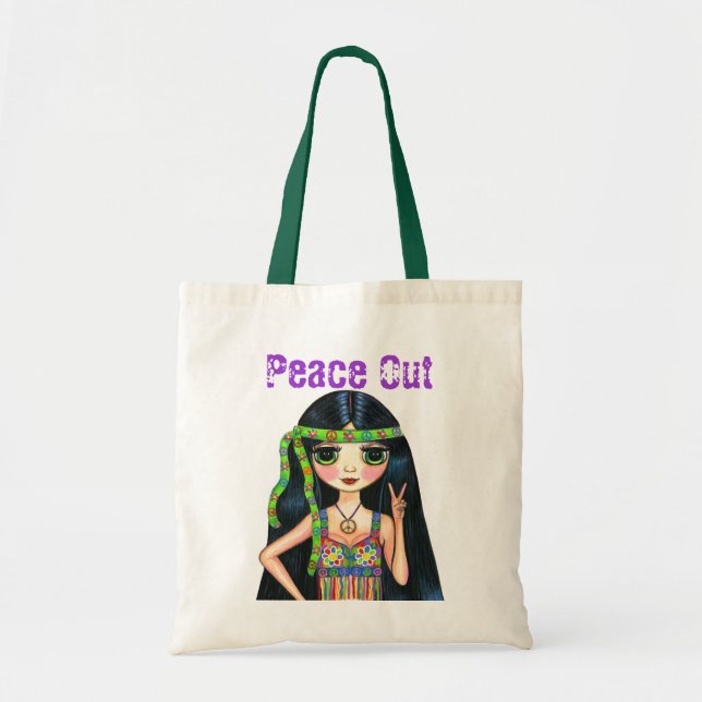 Peace Out Girl Hippie Flashing Peace Sign Tote Bag (Front)
