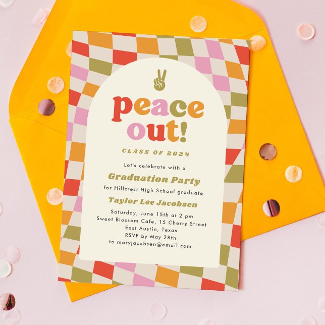 Peace Out Retro Groovy Colourful Graduation Party Invitation (peace out groovy and colourful graduation party invitation)