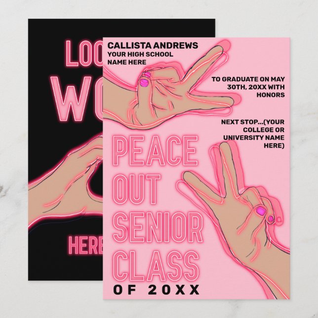Peace Out School Pink Neon Lights Graduation Announcement (Front/Back)