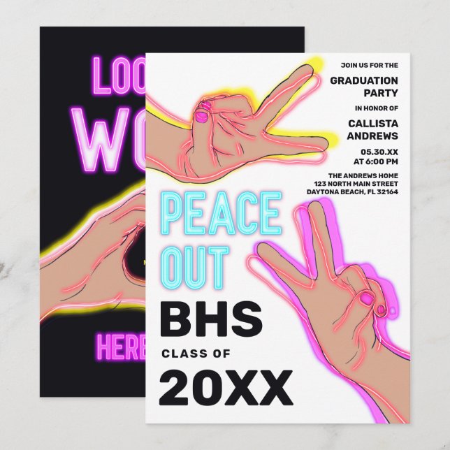 Peace Out School Pink Neon Lights Graduation Party Invitation (Front/Back)