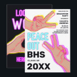Peace Out School Pink Neon Lights Graduation Party Invitation<br><div class="desc">This cool and funny graduation party invitation is perfect for any graduate. It features faux magenta purple, pink, and yellow neon-lighted peace sign fingers and the phrase, "Peace out (school abbreviation), " on top of a white background. On the back is magenta neon-lighted words saying, "Watch out world. Here I...</div>