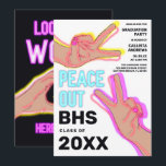 Peace Out School Pink Neon Lights Graduation Party Invitation<br><div class="desc">This cool and funny graduation party invitation is perfect for any graduate. It features faux magenta purple, pink, and yellow neon-lighted peace sign fingers and the phrase, "Peace out (school abbreviation), " on top of a white background. On the back is magenta neon-lighted words saying, "Watch out world. Here I...</div>