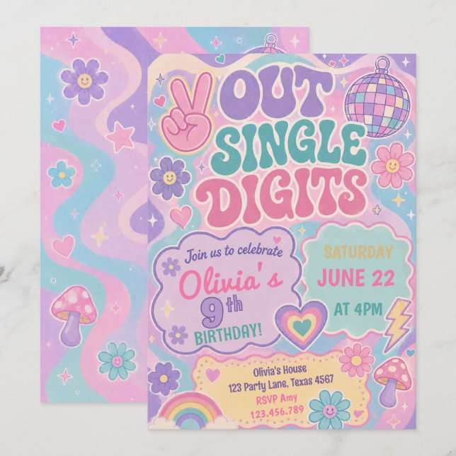 Peace Out Single Digits Groovy Retro Birthday Invitation (Front/Back)