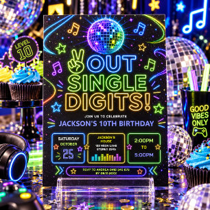 Peace Out Single Digits: Neon Glow 10th Birthday Invitation