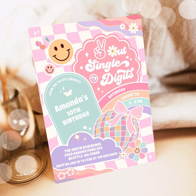 Peace Out Single Digits Rainbow Disco Birthday Invitation (Creator Uploaded)