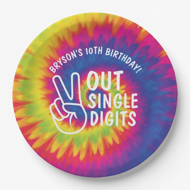 Peace out single digits tie dye 10th Birthday Paper Plate (Front)