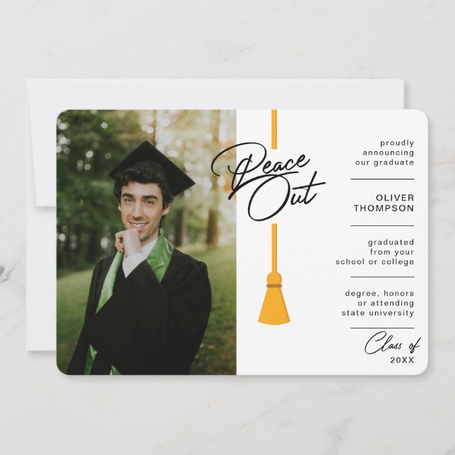 Peace Out Yellow Tassel Photo Graduation Announcement (Front)