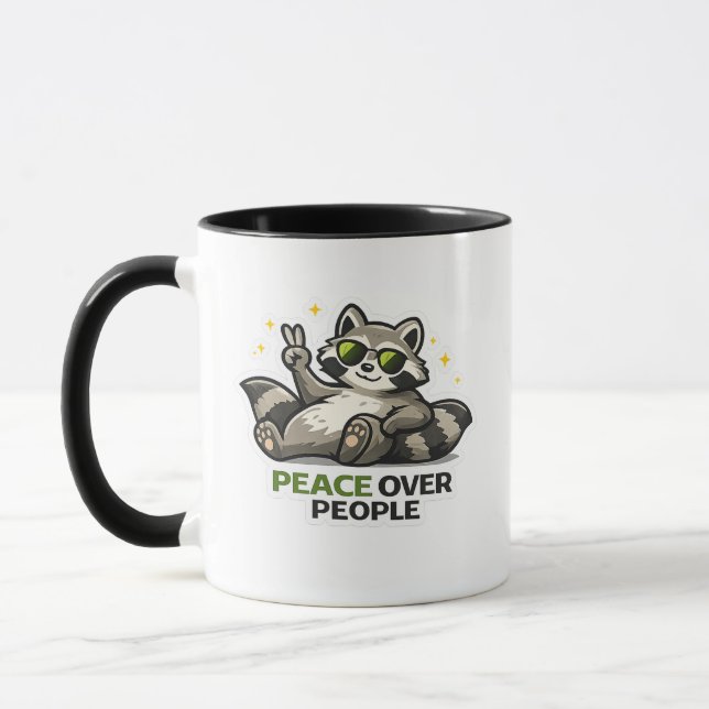 Peace Over People Funny Raccoon Introvert Design Mug (Left)