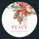 Peace Poinsettia Bunch Watercolor Pine Christmas Classic Round Sticker<br><div class="desc">If you need any further customisation please feel free to message me on yellowfebstudio@gmail.com.</div>