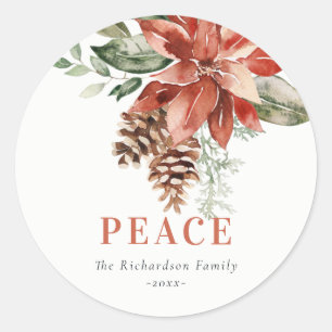 Peace Poinsettia Bunch Watercolor Pine Christmas Classic Round Sticker