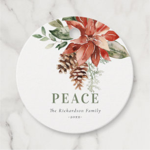 Peace Poinsettia Bunch Watercolor Pine Christmas Favour Tags