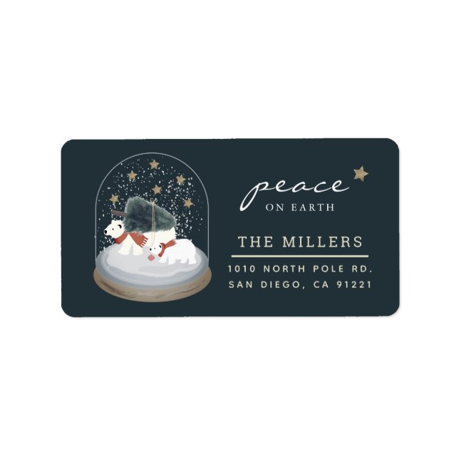 Peace Polar Bears Snow Globe Navy Blue Address Label (Front)