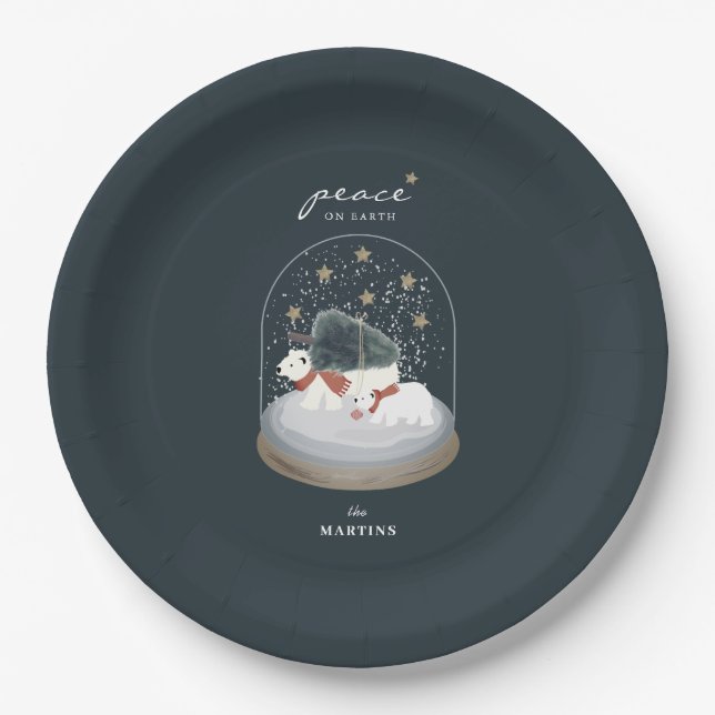 Peace Polar Bears Snow Globe Navy Blue Holiday Paper Plate (Front)