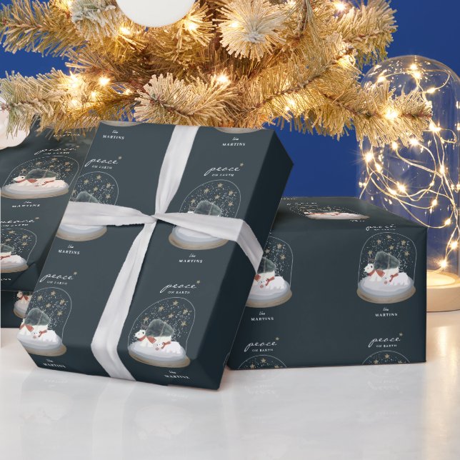Peace Polar Bears Snow Globe Navy Blue Holiday Wrapping Paper (Holidays)