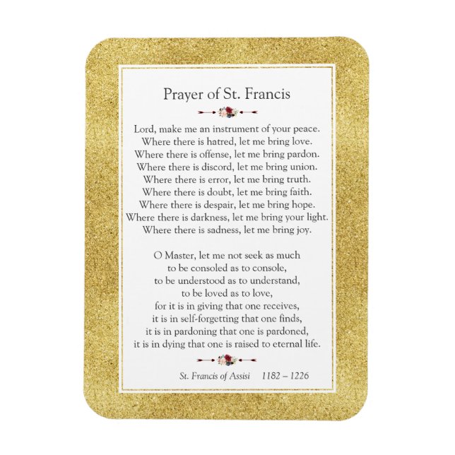 Peace Prayer of St. Francis Gold Glitter Frame Magnet (Vertical)