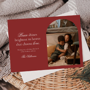 Peace Shines Brightest Minimalist Red Photo  Holiday Card