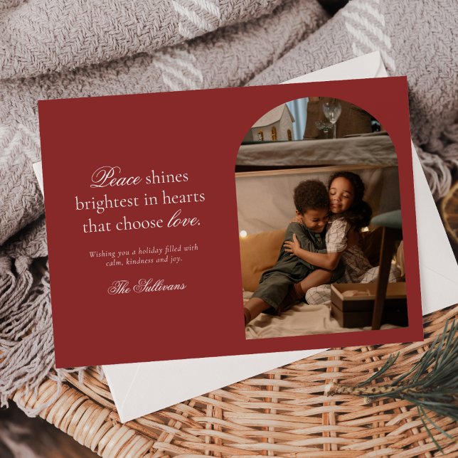 Peace Shines Brightest Minimalist Red Photo  Holiday Card (Creator Uploaded)