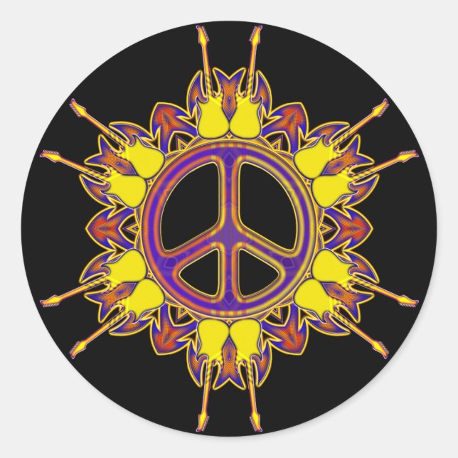 PEACE SIGN AND GUITARS CLASSIC ROUND STICKER (Front)