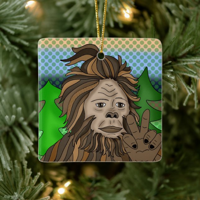 Peace Sign Bigfoot Sasquatch Christmas Ceramic Ornament (Tree)