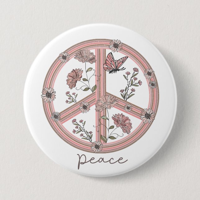 Peace Sign Boho Floral Butterfly Girly Retro Daisy 3 Inch Round Button (Front)