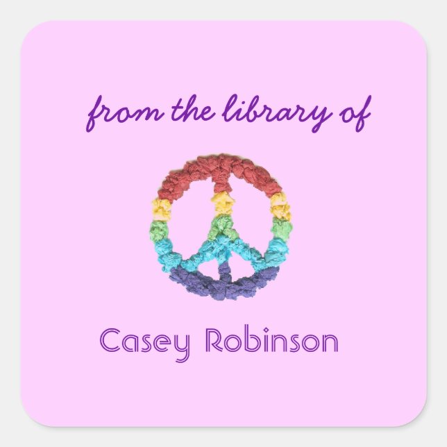 Peace sign custom bookplates - pink square sticker (Front)