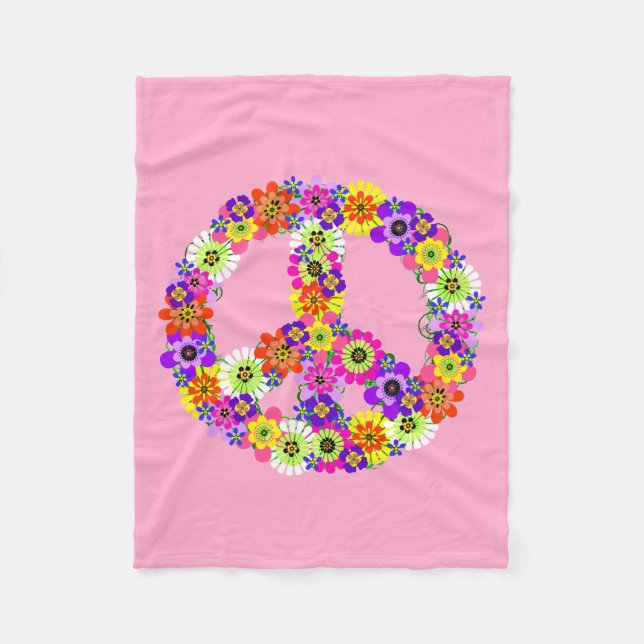 Peace Sign Floral in Baby Pink Fleece Blanket (Front)