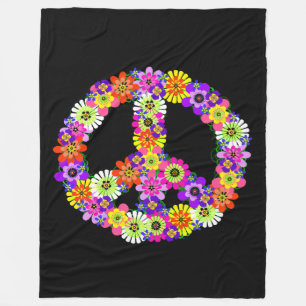 Peace Sign Floral in Black Fleece Blanket