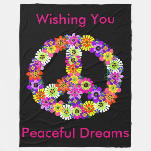 Peace Sign Floral in Black Peaceful Dreams Fleece Blanket