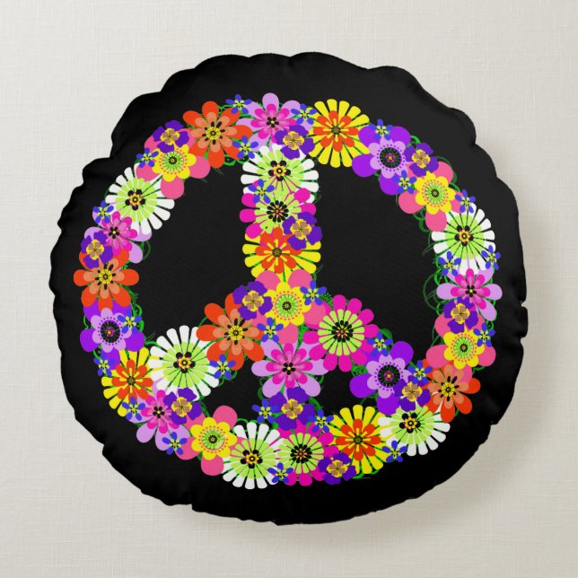 Peace Sign Floral in Black Round Pillow (Front)