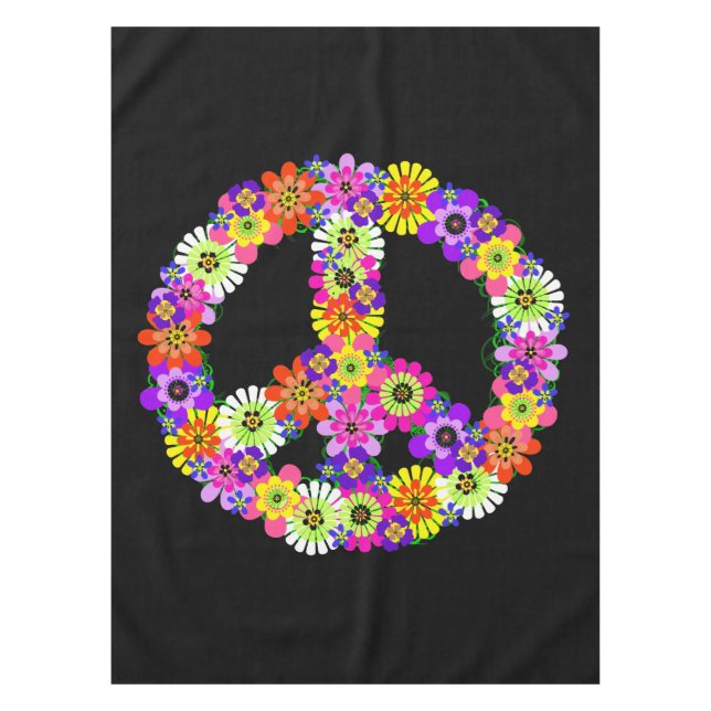 Peace Sign Floral in Black Tablecloth (Front)