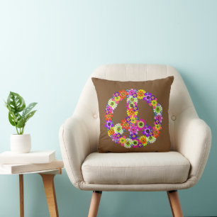 Peace Sign Floral in Brown Throw Pillow
