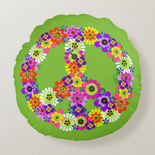Peace Sign Floral in Green Round Pillow