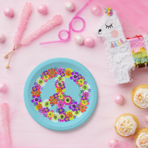 Peace Sign Floral in Light Blue Paper Plate