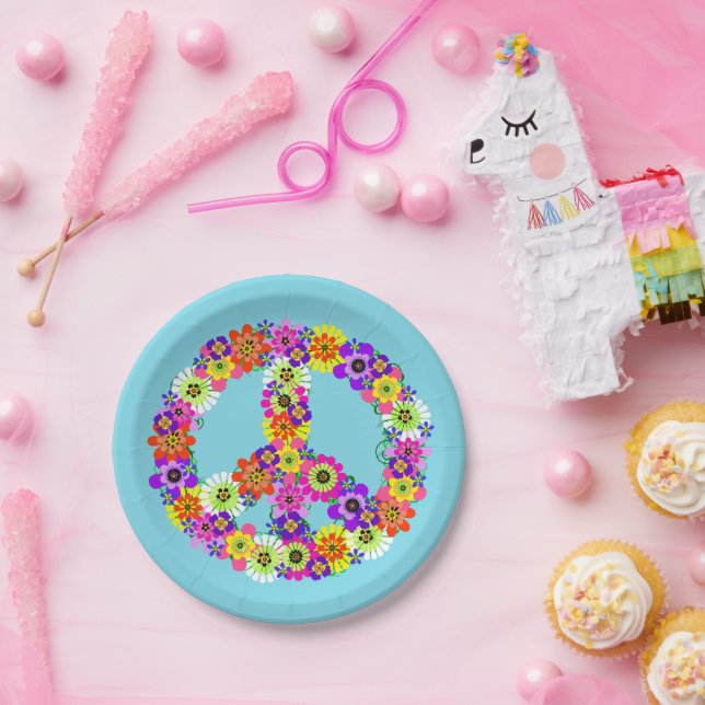 Peace Sign Floral in Light Blue Paper Plate (Party)