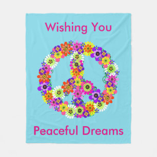 Peace Sign Floral in Light Blue Peaceful Dreams Fleece Blanket