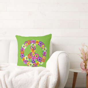 Peace Sign Floral in Lime Green Throw Pillow