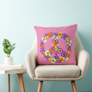 Peace Sign Floral in Pink Throw Pillow