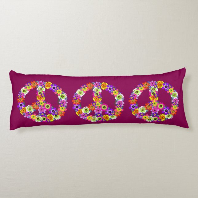 Peace Sign Floral in Raspberry Body Pillow (Back)
