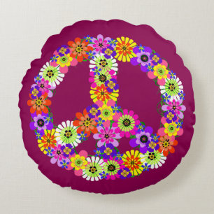 Peace Sign Floral in Raspberry Round Pillow