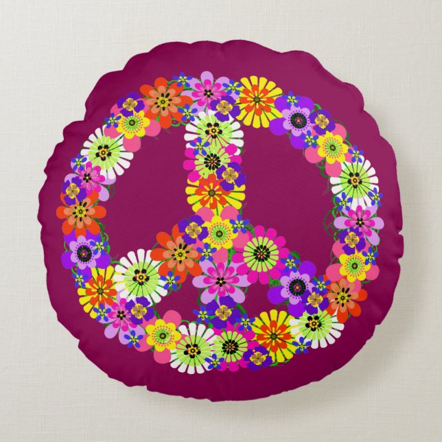 Peace Sign Floral in Raspberry Round Pillow (Front)