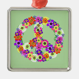 Peace Sign Floral Metal Ornament