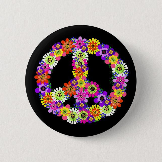 Peace Sign Floral on Black 2 Inch Round Button (Front)