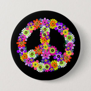 Peace Sign Floral on Black 3 Inch Round Button