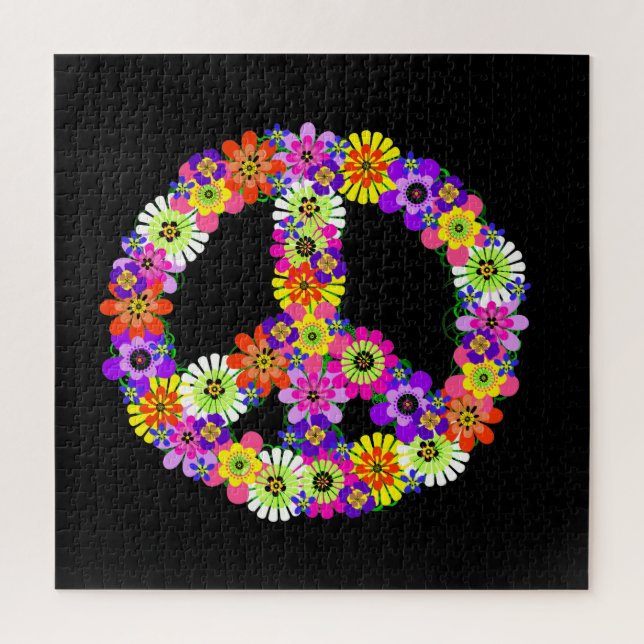 Peace Sign Floral on Black Jigsaw Puzzle (Vertical)