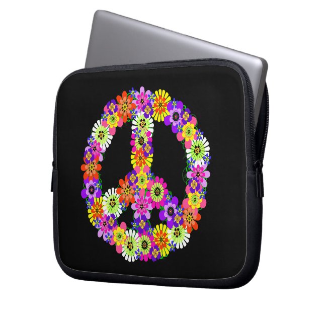 Peace Sign Floral on Black Laptop Sleeve (Front Left)