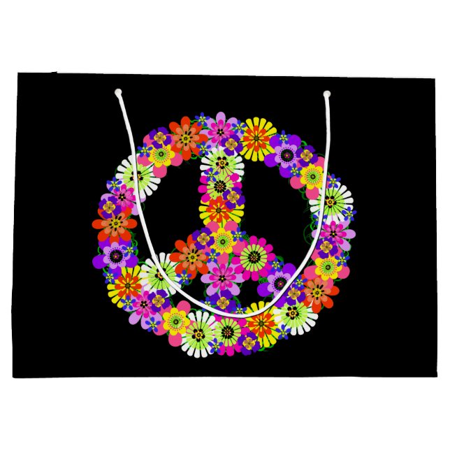 Peace Sign Floral on Black Large Gift Bag (Back)