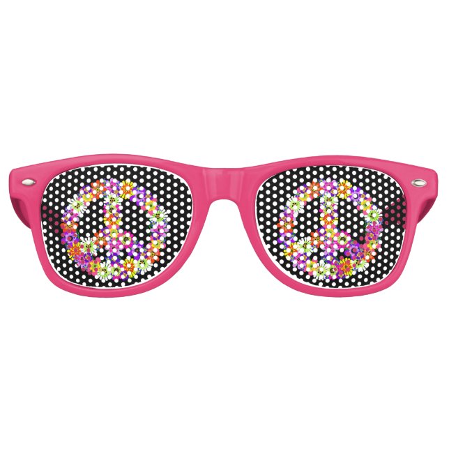Peace Sign Floral on Black Retro Sunglasses (Front)
